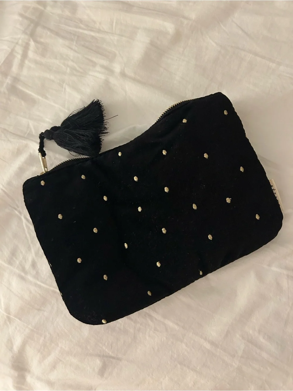 Sezane Black Velvet Pouch with Gold Dot Embellishment and Tassels